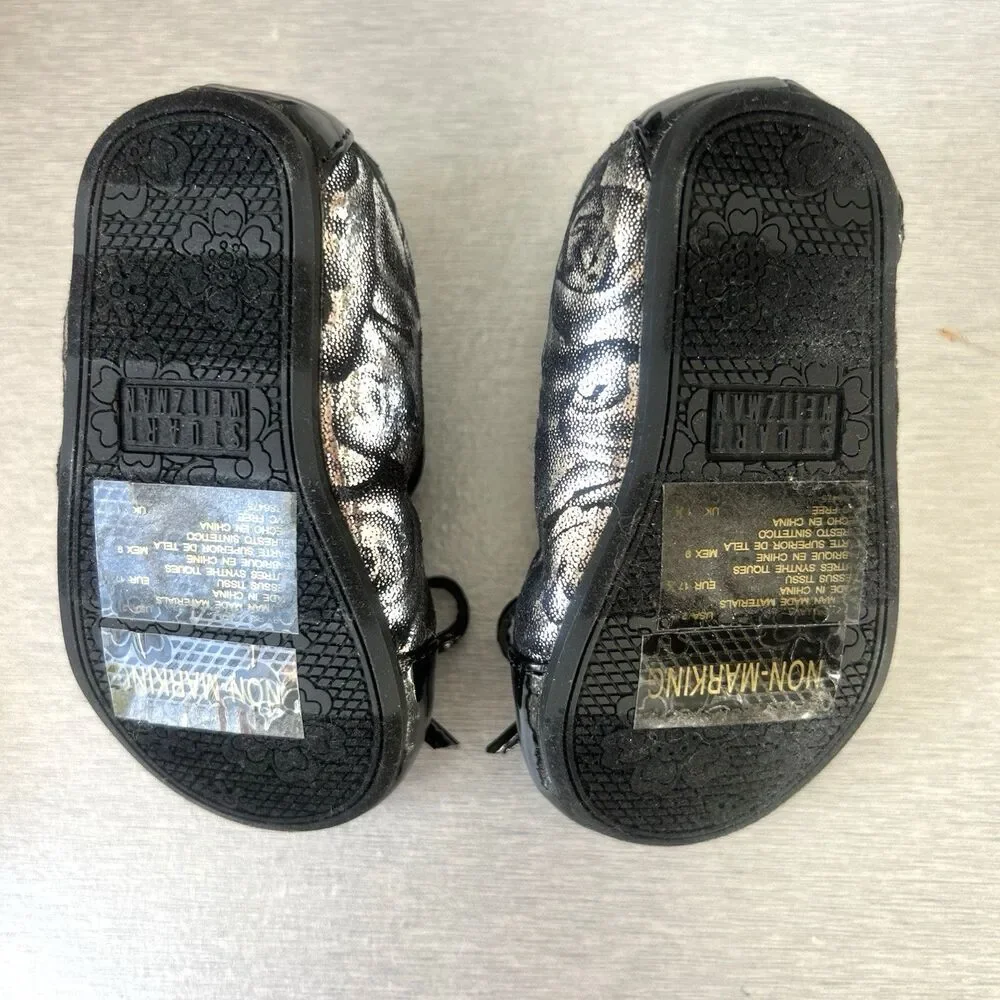Stuart Weitzman Baby Paliava Silver Black Baby Ballet Shoes w/Bow Sz 2 3-6M NEW